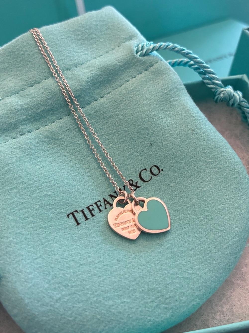 Tiffany & Co. Silver Double Heart Necklace with Tiffany Blue Enamel